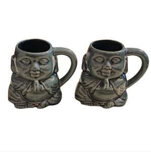 Set Of 2 Mugs | Meritage Blue Buddha Stoneware 3D Figural Mugs | 16 Oz